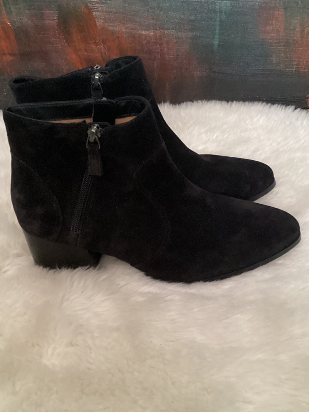 Johnston & Murphy Women's Black Suede Ankle Boots with Double Zipper 9M